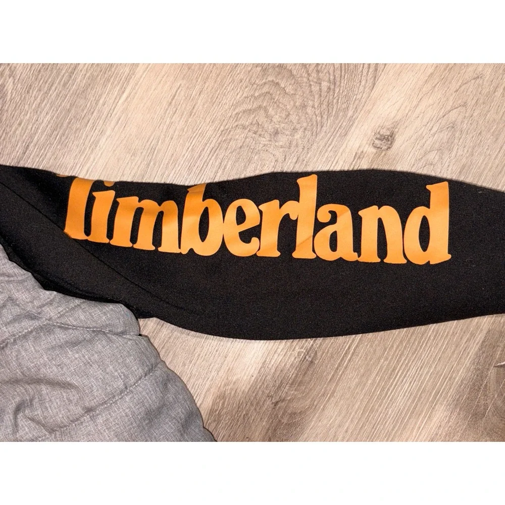 Timberland Kids Grey Puffer Jacket Black Hooded Hybrid Zip Up Coat Size M 10/12